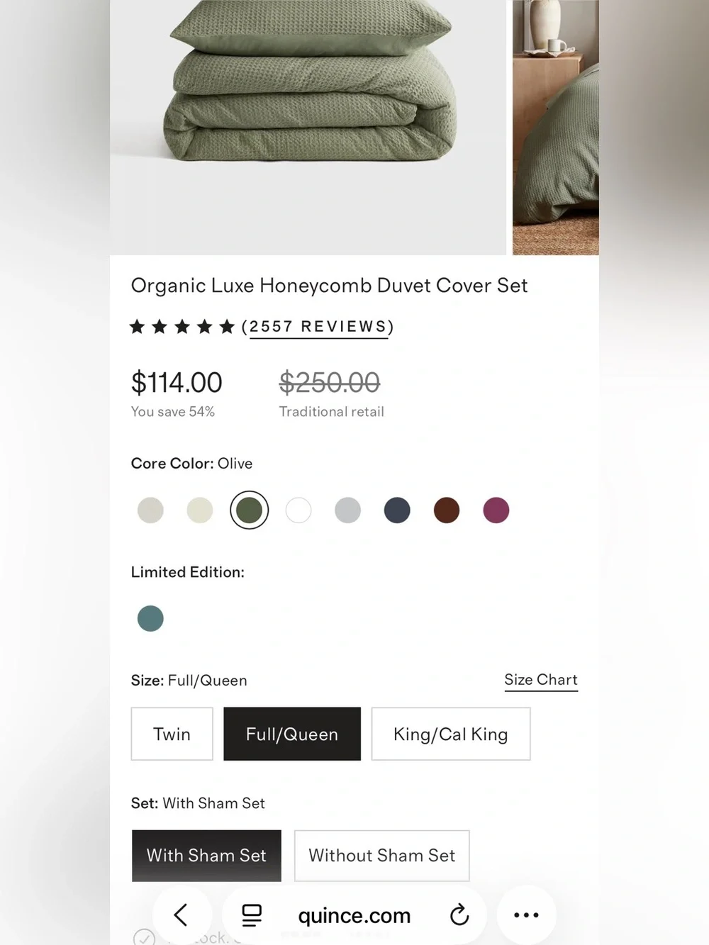 Quince Organic Luxe Honeycomb Duvet Cover Set Olive Full Queen NWT